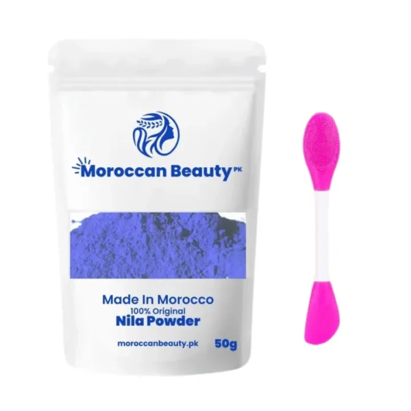 Moroccan Blue Nila Powder – 50g | Natural Face Mask for Brightening & Nourishing Skin With Double Sided Mask Brush.