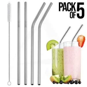 5-Pack Metal Straw Reusable Stainless Steel Drinking Straws Set With Cleaning Brush Eco Friendly Stainless Steel Reusable Drinking Straws With Cleaning Brush