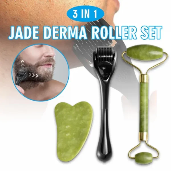 Jade & Derma Roller Gua Sha Board Massager 3 In 1 Facial Tool Set - Jade Roller and Gua Sha Set Original - jade face roller - Derma Roller for Skin - Derma Roller for Hair Growth