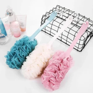 bath sponge with handle, shower loofah brush, back cleaning scrubber, 8” long curved handle, exfoliate, rejuvenate skin, body bathing sponge with long mesh pouf